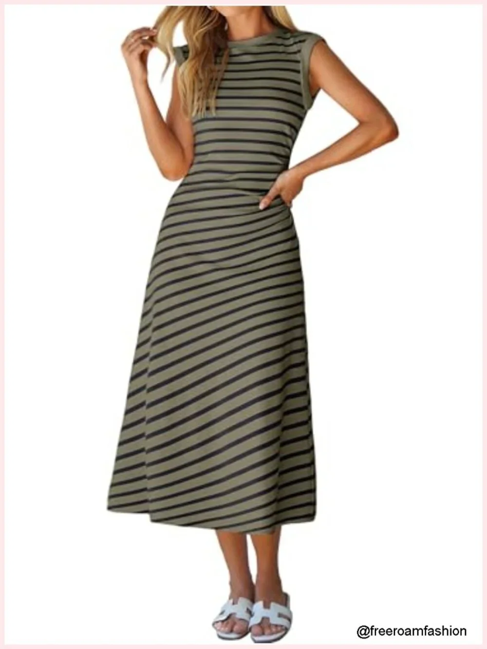 Women's Striped A-Line Midi Dress Cap Sleeve Casual Summer Dress Soft Stretch